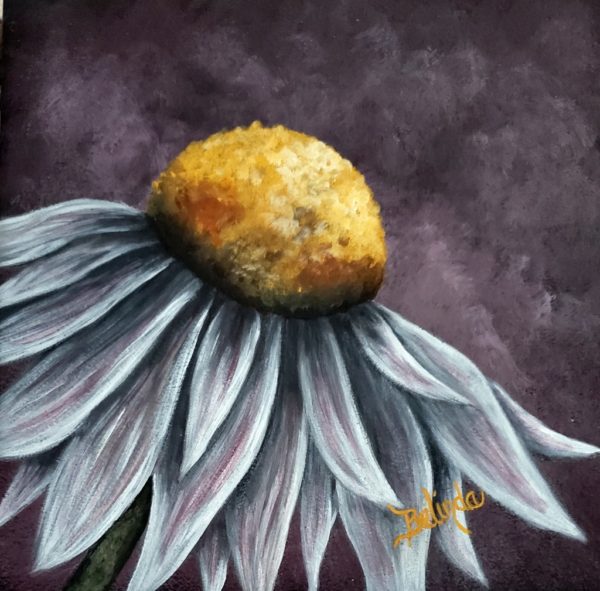 A white coneflower with a large yellow and orange center, The petals are white with touches of purple. The flower faces to the right and is in the foreground of a textured background of purple, black and gray.