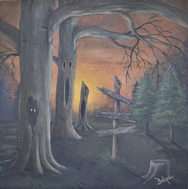 Painting of a haunted forest in oranges, yellows , greens and browns on a 12" x 12" ceramic tile.