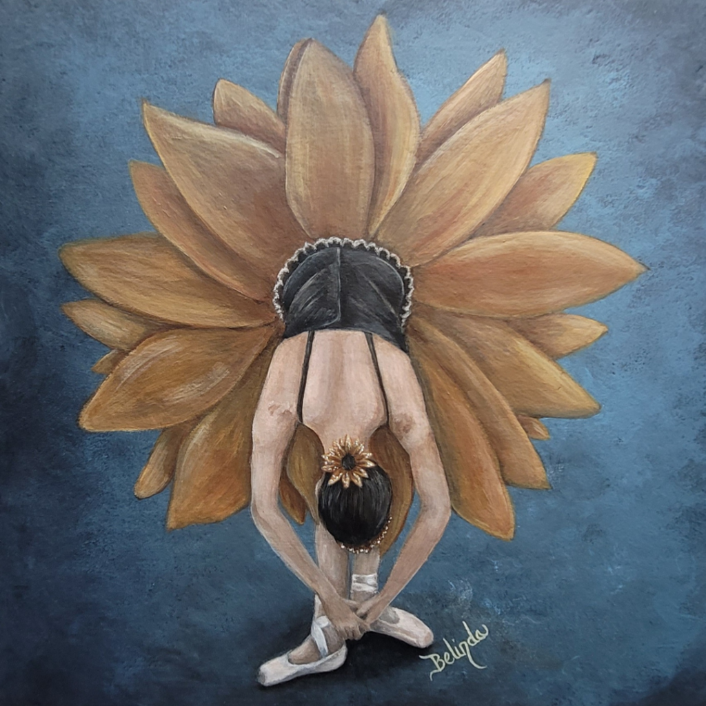 Ballerina in a sunflower tutu bent over to show petals of the tutu and standing in front of a textured blue background.