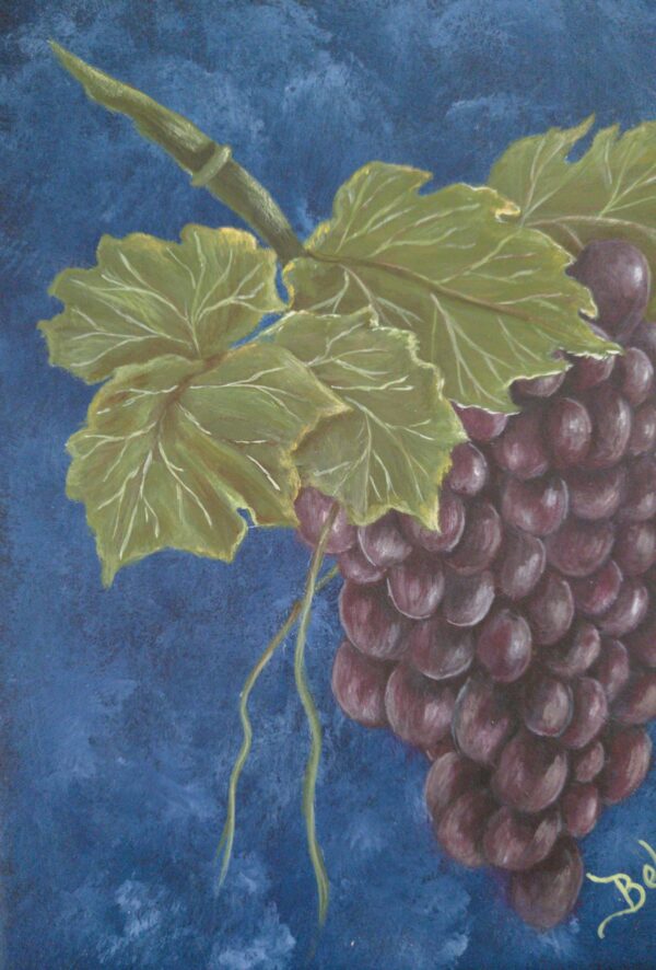 Painting of a lush grape cluster with green leaves against a deep blue background by artist Belinda Buckler