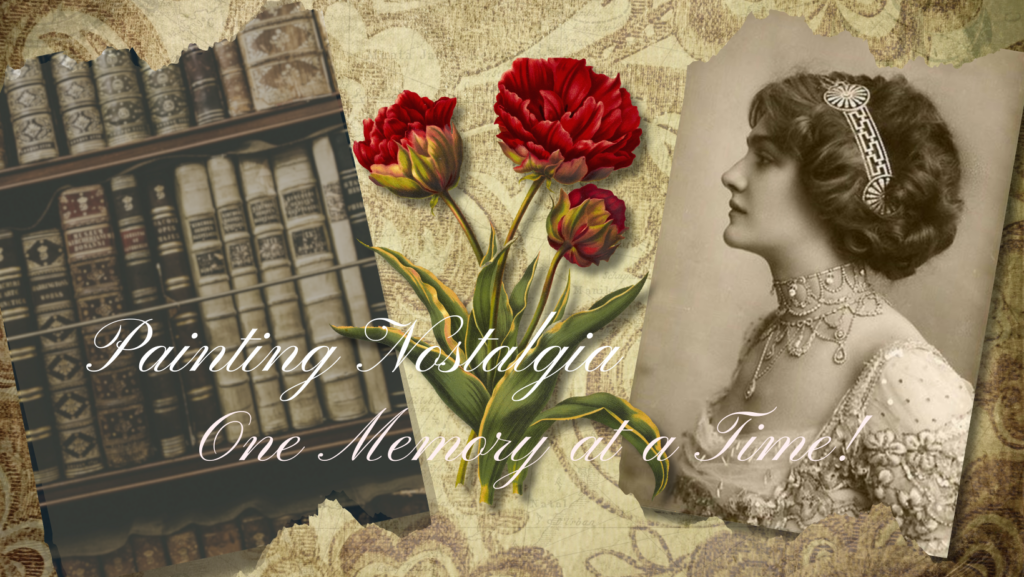 Opening banner featuring classical images of books, costume and flowers before a classic wallpaper in shades of browns and reds