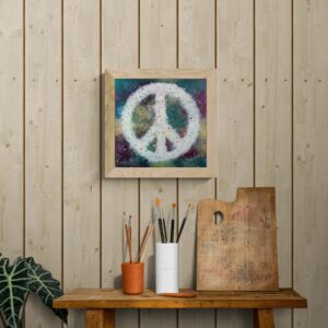 Peace symbol with tie dyed background, framed and ready to hang.