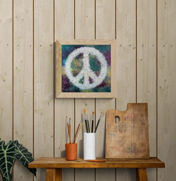 Peace symbol with tie dyed background, framed and ready to hang.