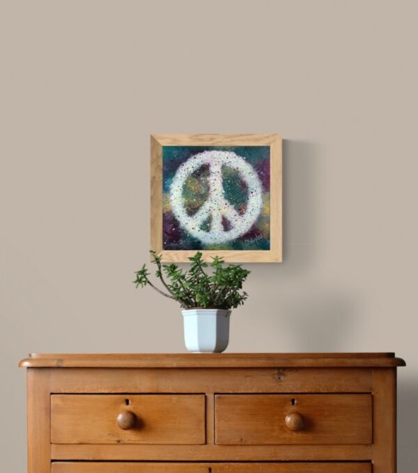 Peace symbol with tie dyed background, framed and ready to hang.